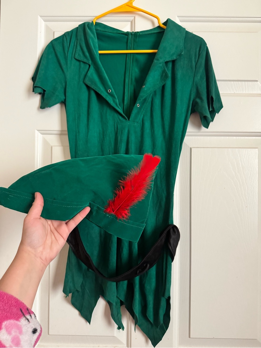 Green Peter Pan Style Costume Dress with Red Feather Hat Women’s-XS